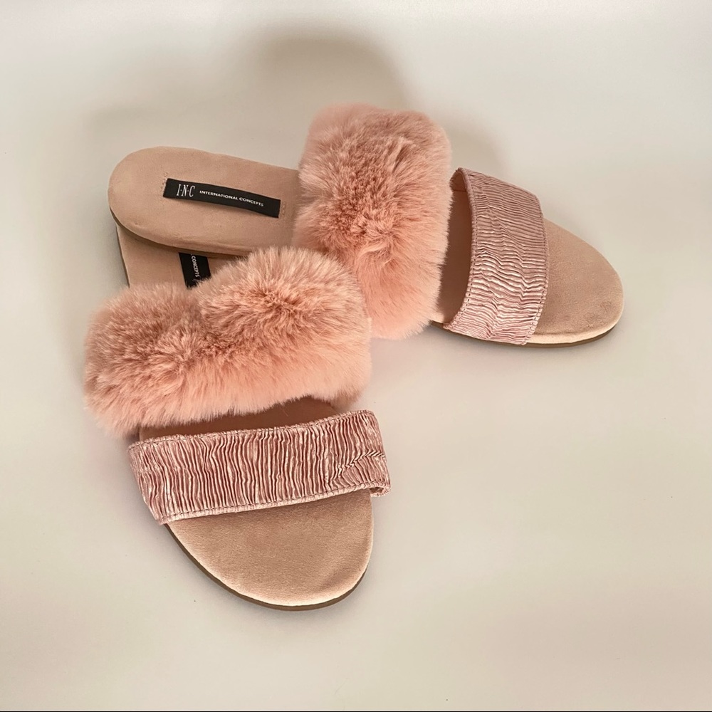 Inc International Concepts Double Band Faux Fur Slide Slippers Size Large
